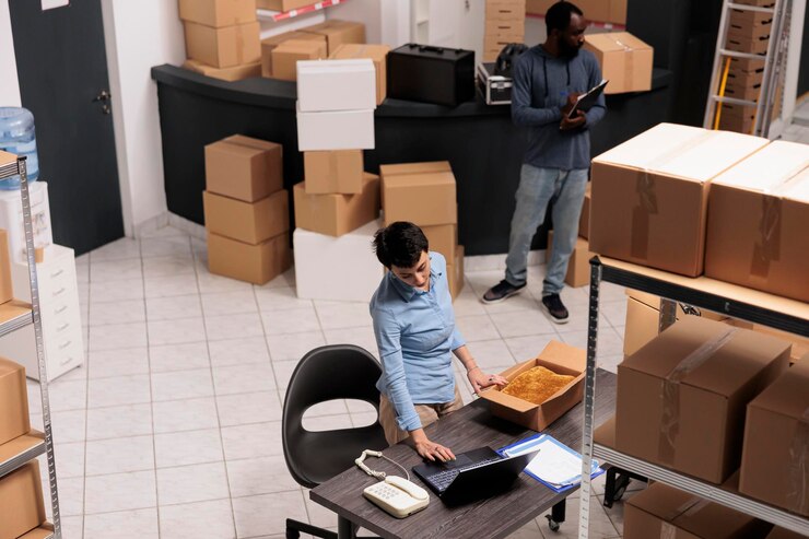 top-view-warehouse-supervisor-packing-client-clothes-order-cardboard-box-while-checking-shipping-details-laptop-computer-team-working-storehouse-delivery-department_482257-66036